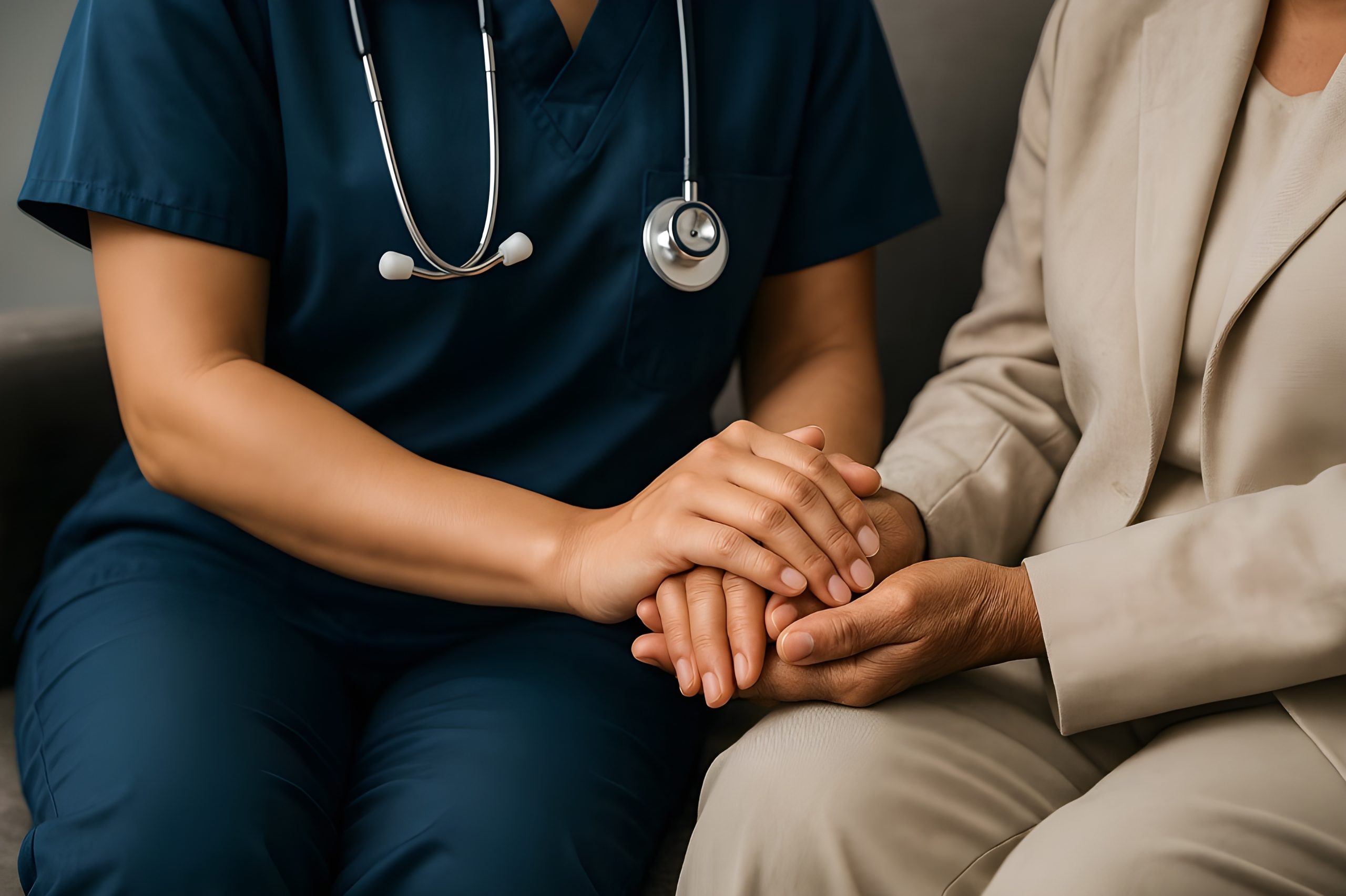 Healthcare professional wearing blue scrubs and a stethoscope, comforting senior patient by holding their hand.
