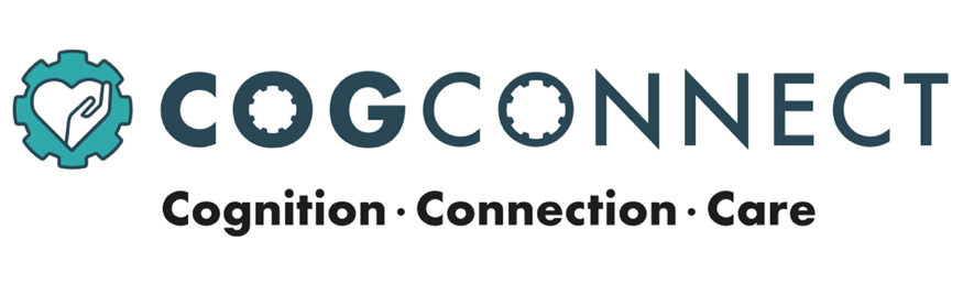 COGConnect Logo - a cog with a hand holding a heart in the middle of it  and the words: Cognition, Connection, Care.