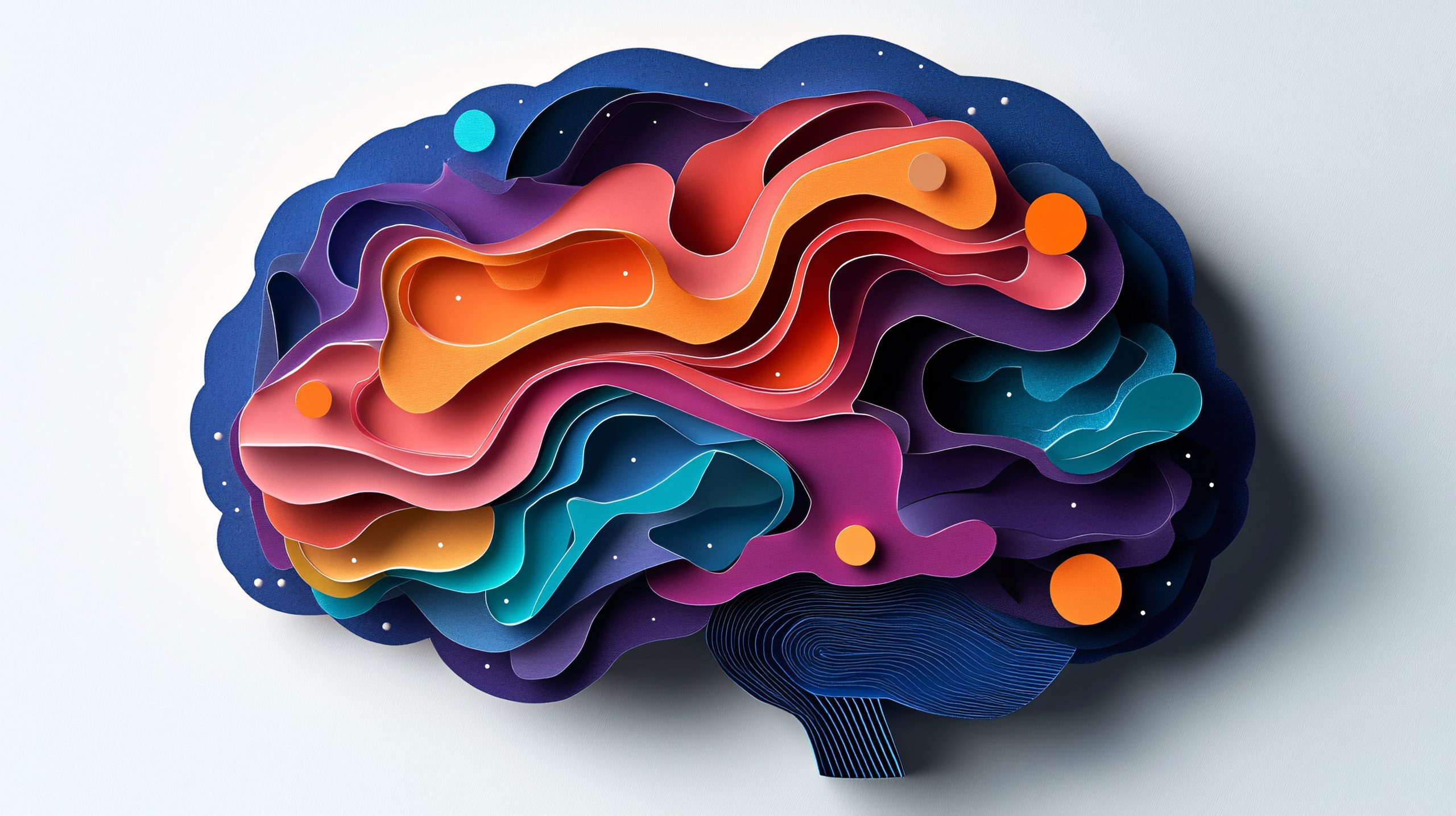 paper cut brain illustration with diverse neural connections, featuring different shapes and colors to represent neurodiverse pathways.