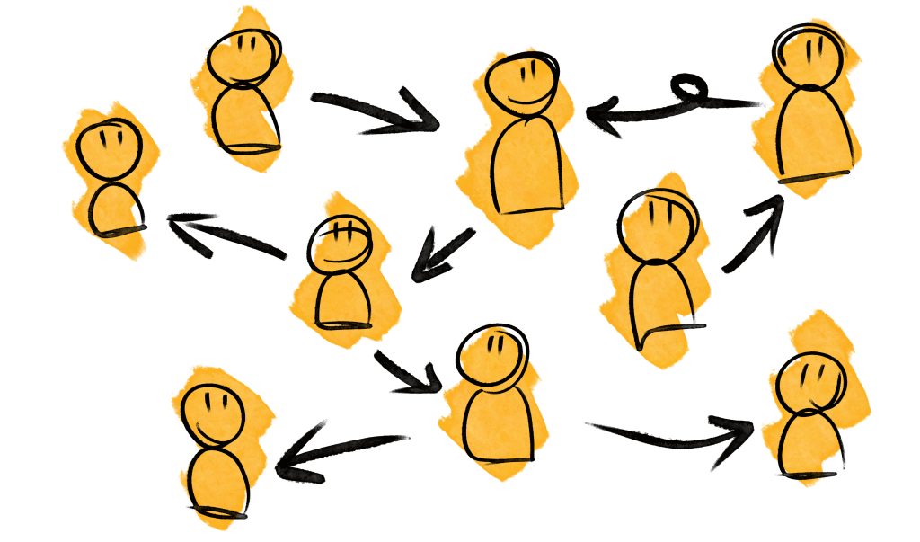 Line drawing of people giving and receiving communication.
