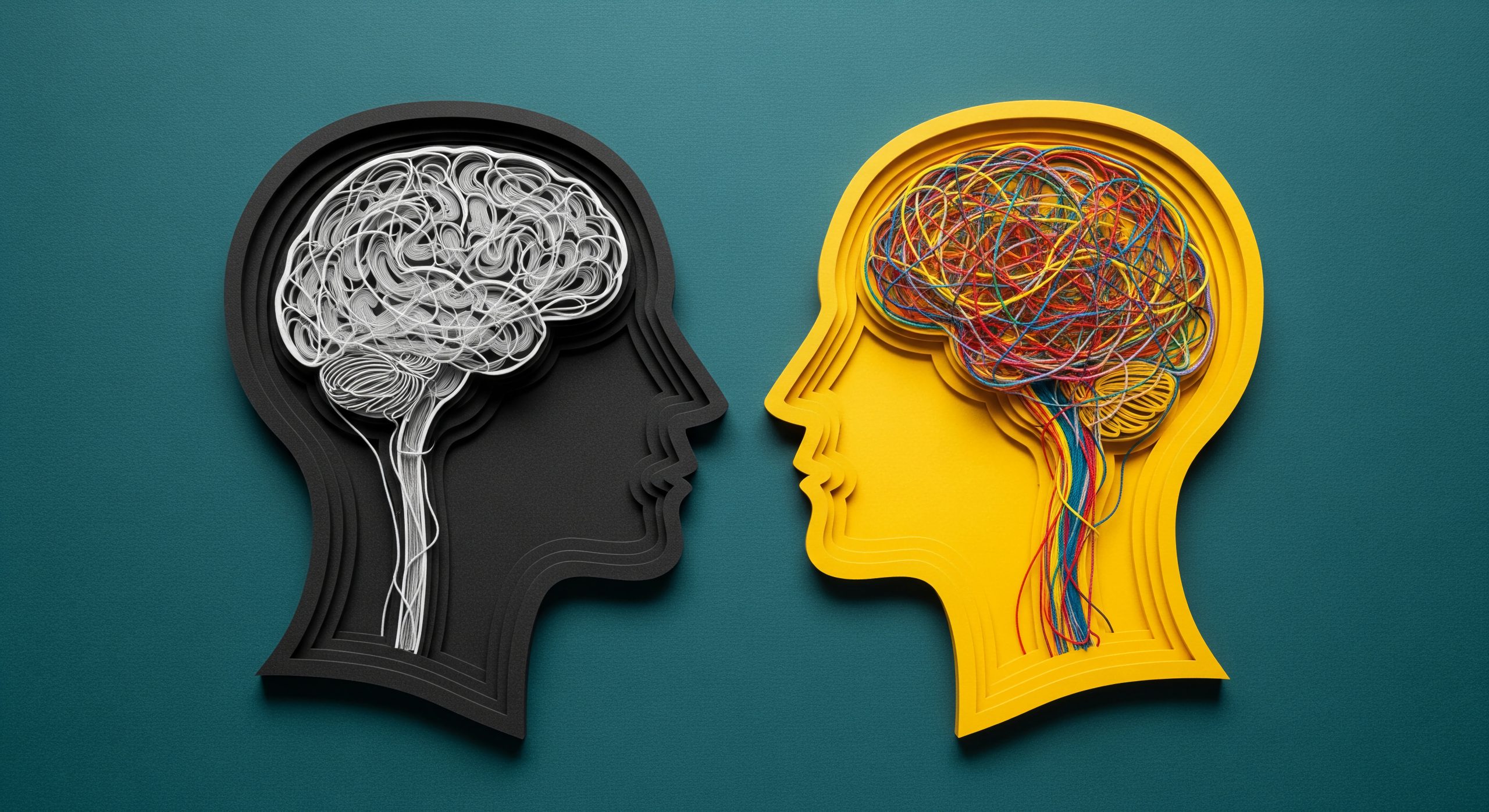 Two stylized human head silhouettes facing each other, one black and one yellow. Each head contains a brain shape made from tangled string—white string in the black head and multicolored string in the yellow head—symbolizing contrasting thought processes or perspectives. The background is a textured teal surface.